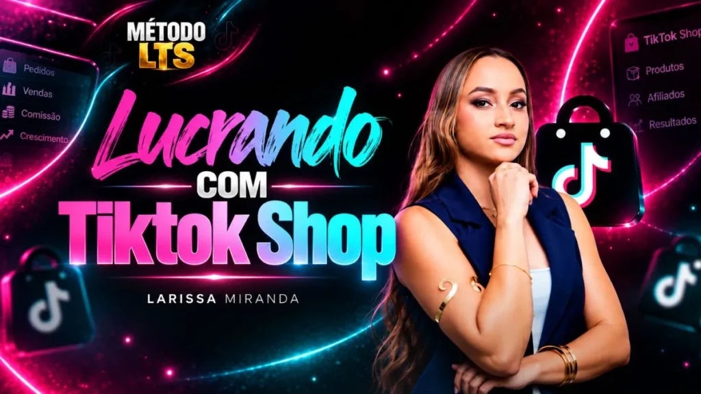 Banner do Método LTS, Lucrando com TikTok Shop, com foto de Larissa Miranda e ícone da plataforma.